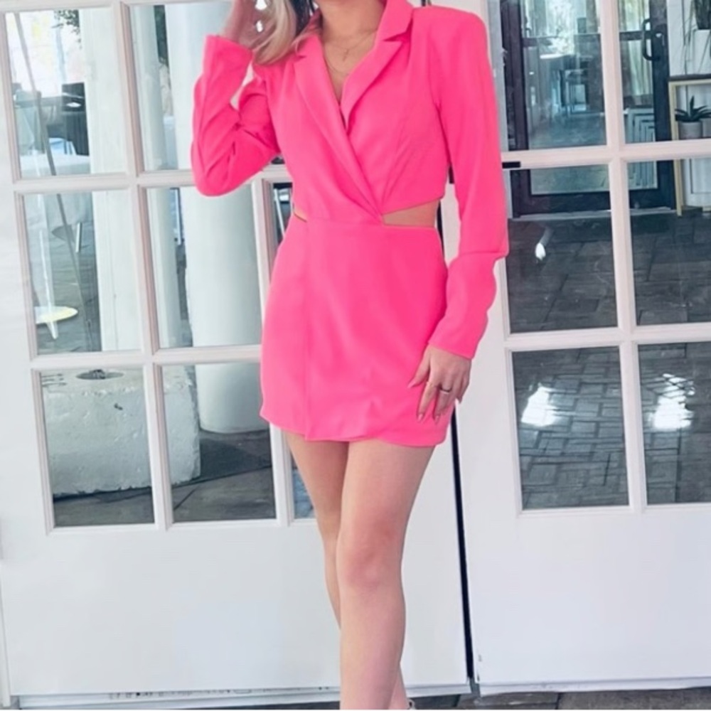 Express Hot Pink Blazer Cut Out Mini Dress Neon sheath suit medium Bodycon - Picture 2 of 13